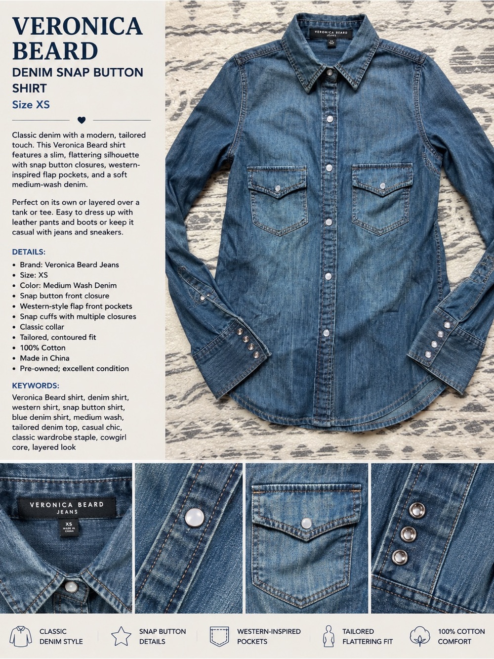 Veronica Beard Jeans Denim Snap Button Shirt – Size XS